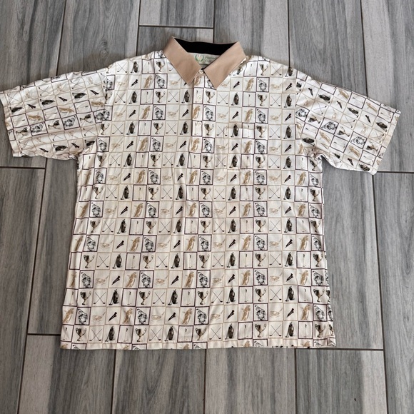 Men’s Vintage Palmland Club Shirt Polo Ivory Golf Trophy Bag All Over Print XL - Picture 1 of 7